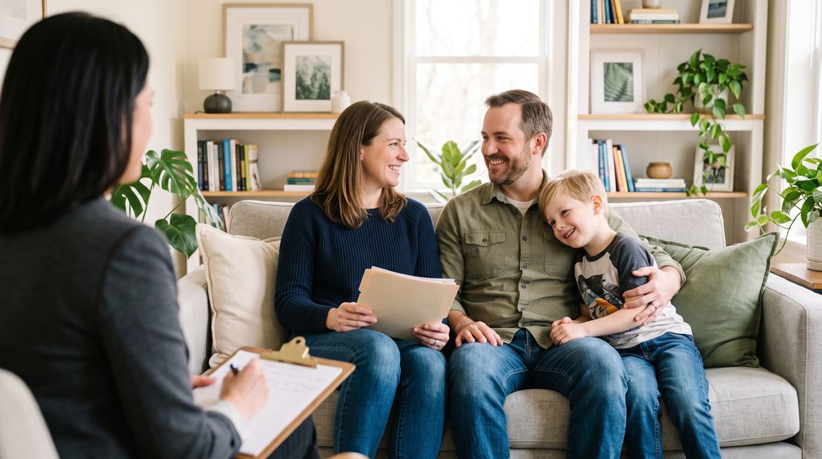 A family discusses adoption evaluations with a counselor.
